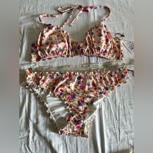 Shade & Shore NWT ruched multi floral halter bikini top & cheeky bottoms M 8/10